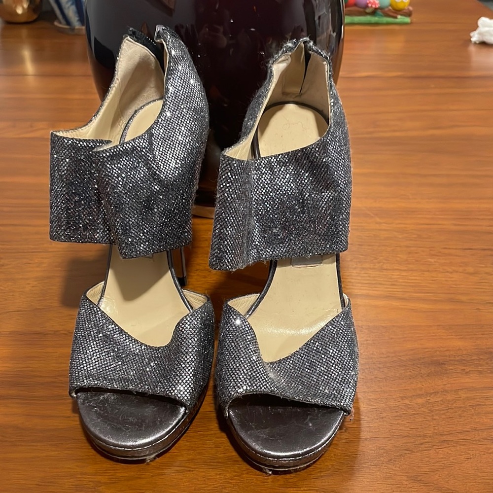 Jimmy Choo. Silver/black glitter fabric lagoon platform sandal. Size 36 / US 6.